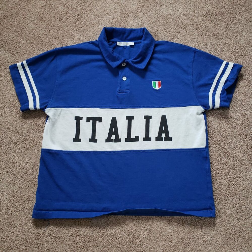 Zara Colorblock Embroidery Italian Flag Polo Shirt Royal Blue White Cotton Small